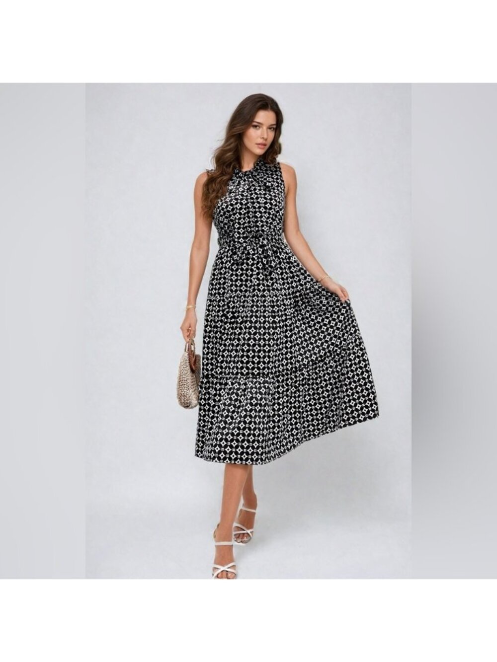 Black/White Print Ruffle Hem Belted Dress